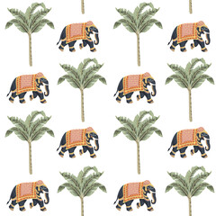 Indian elephants with palms seamless pattern. Oriental wallpaper.