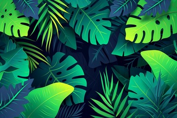 Fototapeta na wymiar Simple illustration of tropical leaves from light green to dark green on dark background, 