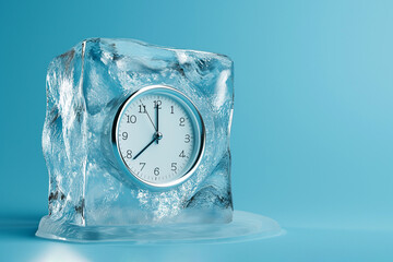 Alarm clock in ice cube, frozen time. Stopping the time concept, freeze time. Climate change....