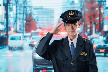 道路で警戒にあたる男性の警察官