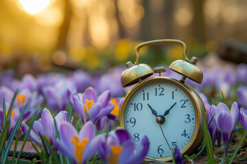 Alarm clock among blooming crocuses, spring forward concept. Spring time change, first spring flowers, daylight saving time. Daylight savings, lose an hour. - obrazy, fototapety, plakaty