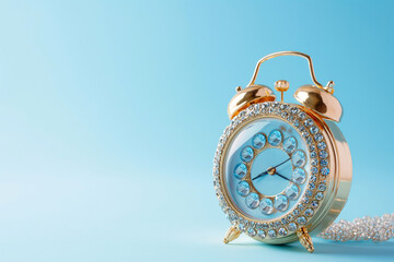 Vintage golden alarm clock with diamonds. Precious time concept. Luxury gold classic alarm clock on pastel background with space for text. Hourly pricing or billing by the hour, ideal hourly rate