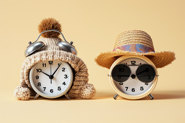 Spring forward fall back concept. Alarm clocks dressed in winter and summer accessories. Summer hat...