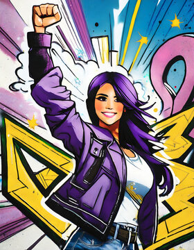 Colorful graffiti of feminist young girl with her fist up in the air