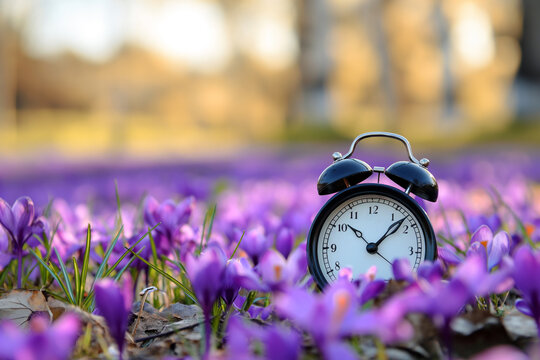 Alarm clock among blooming crocuses, spring forward concept. Spring time change, first spring flowers, daylight saving time. Daylight savings, lose an hour.