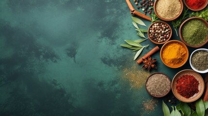 Variety of spices, seasonings and herbs in bowls on emerald surface. Top view. Banner with copy space. Concept of cooking, culinary arts, seasoning, and gourmet ingredients. - Powered by Adobe