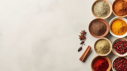 Variety of spices, seasonings and herbs in bowls on white background. Top view. Banner with copy space. Concept of cooking, culinary arts, seasoning, and gourmet ingredients.