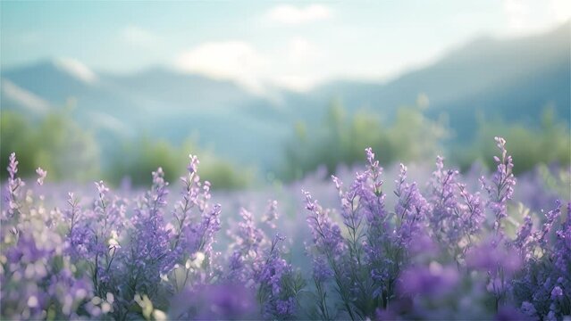 Beautiful lavender field in the mountains. Selective focus.