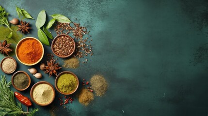 Variety of spices, seasonings and herbs in bowls on emerald backdrop. Top view. Banner with copy space. Concept of cooking, culinary arts, seasoning, gourmet ingredients. - Powered by Adobe