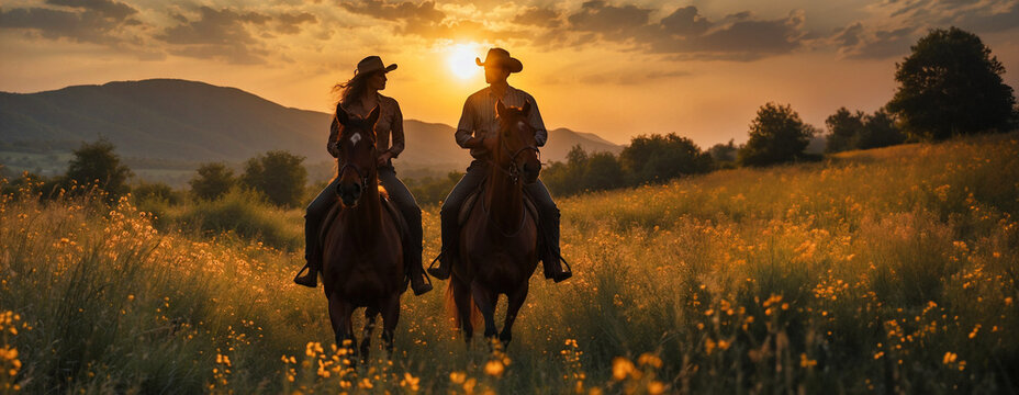 A romantic scene of a man and woman riding on horseback, their hair blowing in the wind as they traverse a rugged mountain trail at sunset.