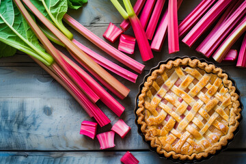 Rhubarb pie surrounded by fresh rhubarb stalks. Generative AI - obrazy, fototapety, plakaty