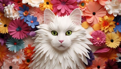 Paper craft white cat with colorful fur and flower background