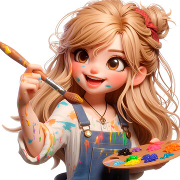 Blonde Girl, Paint on Fingers, Brush in Hand