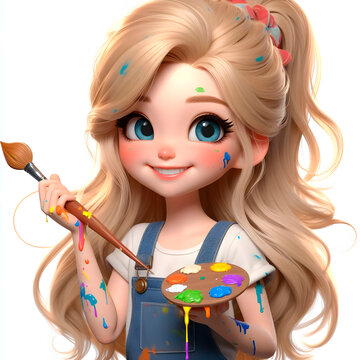 Blonde Girl, Brush in Hand, Paint Everywhere