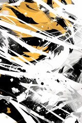 A vibrant and dynamic modern art piece bursting with energy, featuring a striking combination of bold black and yellow paint splatters in a unique anime-inspired style