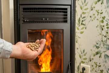 Man's hand holding pellets in front of the glass of a stove with a beautiful flame, sustainable and ecological heating
