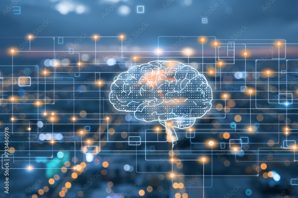 Poster an illuminated mind navigates through the vast expanse of thoughts and ideas, captured in a digital 