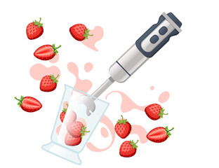 Handheld blender with fresh strawberry household electrical kitchen equipment for blending and mixing vector illustration isolated on white background
