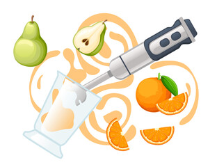 Handheld blender with fresh pear and orange household electrical kitchen equipment for blending and mixing vector illustration isolated on white background