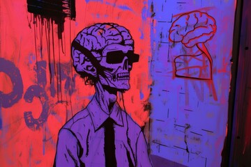 A vibrant and edgy street art piece featuring a man in a suit and shades, blending elements of childlike sketching with modern graffiti techniques