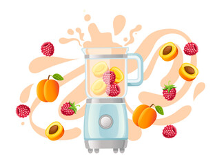 Stationary blender with fresh fruits and berries household electrical kitchen equipment for blending and mixing vector illustration isolated on white background
