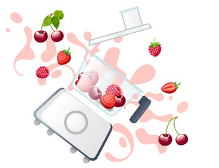 Stationary blender with fresh berries household electrical kitchen equipment for blending and mixing vector illustration isolated on white background
