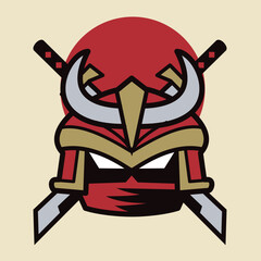 cartoon samurai mask with crossed katanas