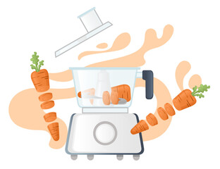 Stationary blender with fresh carrot household electrical kitchen equipment for blending and mixing vector illustration isolated on white background