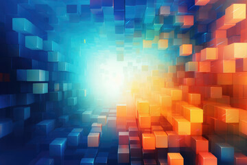 Abstract background of blue and orange cubes with a bright light in the center