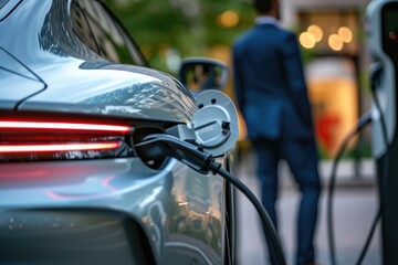 Fototapeta premium Electric car charging with businessman waiting.