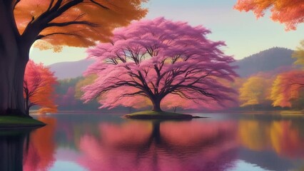 Idyllic landscape: rosetree on a lake with autumn forest in the distance