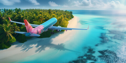 Summer Holiday Aerial Travel: Colorful Airplane Overflies a Lush Tropical Island with Turquoise Ocean and White Sandy Beach