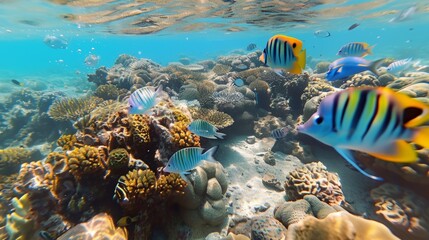 Naklejka na ściany i meble Colorful Tropical Fish in Vibrant Coral Reef AI Generated.