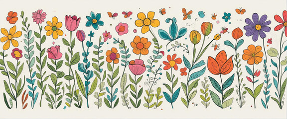 Abstract colorful flower drawing illustration set. Funny children art style floral doodle cartoon collection, hand drawn basic nature shapes on isolated background.