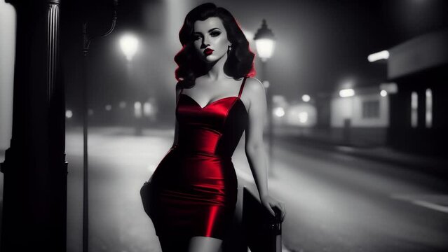 Girl in a red dress on the streets of a black and white city