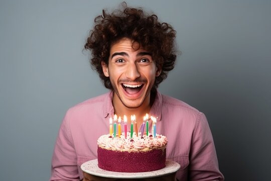 young man with a happy crazy look with a birthday cake