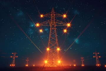 Glowing orange wires on electricity transmission towers against starry night sky.