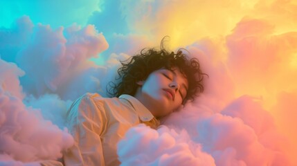 Young female sleeping on a pillow made of soft clouds. Air dreams. Soft heavenly bed - obrazy, fototapety, plakaty