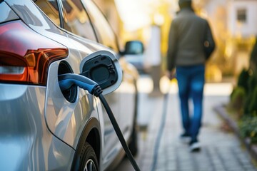 Electric car charging at home station with ecofriendly concept.