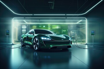 Electric hybrid vehicle charging in dark garage, renewable energy concept.