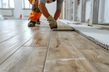 Fototapeta premium Skilled construction worker laying laminate flooring in a pristine white room, adding modern elegance to the space