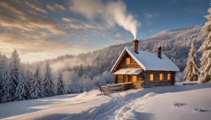 Naklejka premium Winter mountain landscape with snow covered house and smoking chimney at sunset