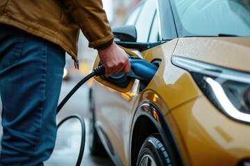 Man charging electric car with cable