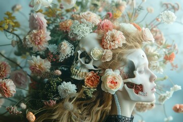 A woman's body adorned with an anatomical human skull, surrounded by ethereal flowers, symbolizing eternal beauty and life triumphing over decay