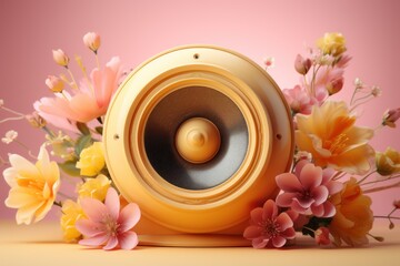 Medium-toned speaker against pastel backdrop embodies the harmony of spring melodies. Ideal for music-themed designs, advertisements, and seasonal promotions