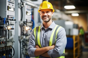 Happy man in control room, electrical substation inspection