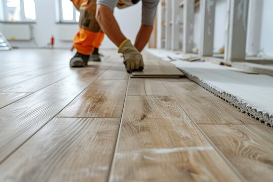 Skilled construction worker laying laminate flooring in a pristine white room, adding modern elegance to the space