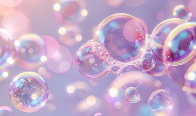 Soft pastel backdrop in pink and lavender hues adorned with myriad soap bubbles, evoking a sense of purity and weightlessness. Perfect for themes of cleanliness and serenity