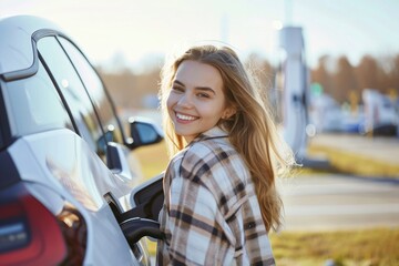 Young woman with electric car at charging station.