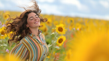 A young woman with a happy expression for the arrival of spring in a field of sunflowers on a sunny day, enjoys the moment outdoors.copy space